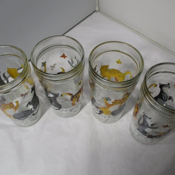 Set of 4 Anchor Hocking Cats on a Fence Playful Kittens Glass Drinking Cups - Picture 5 of 12